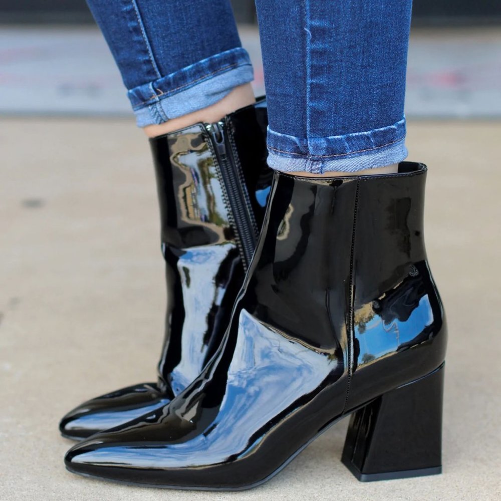 BAMBOO Black Patent Block Heel Ankle Boots